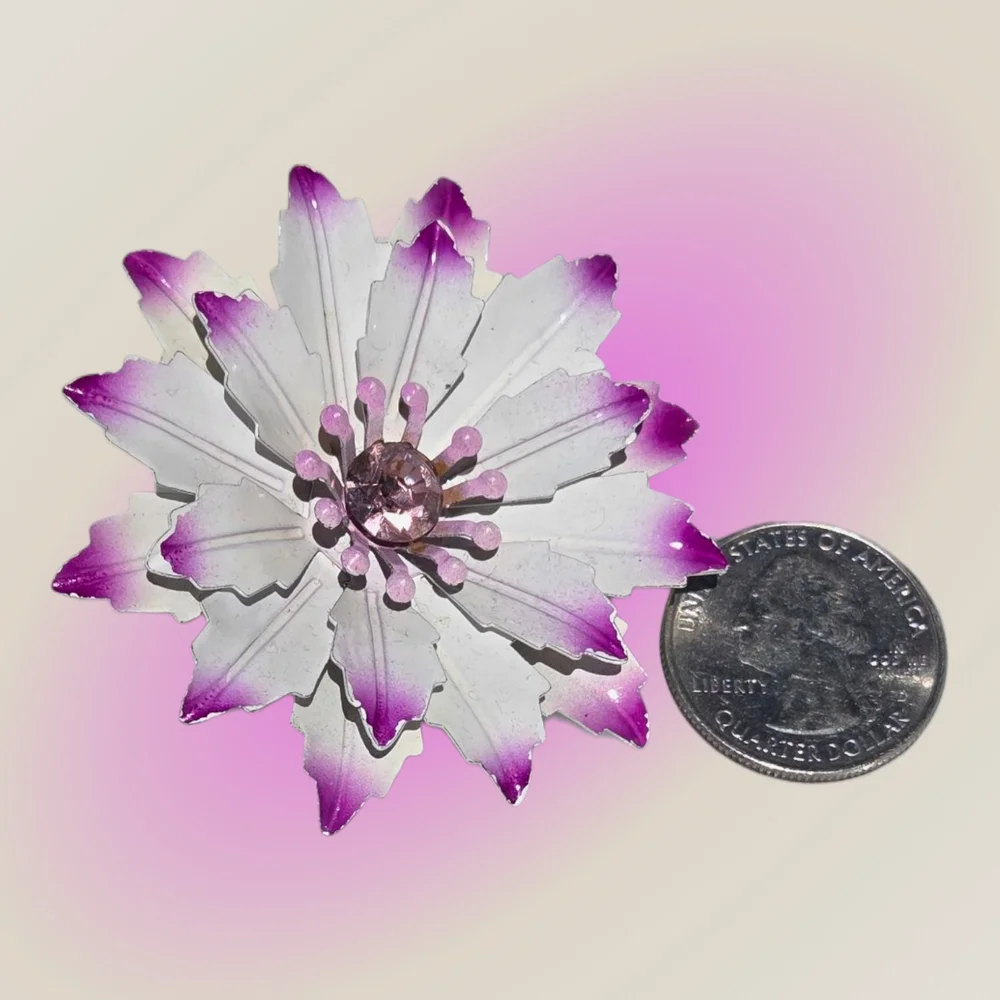 Vintage White and Purple Enamel Flower Brooch